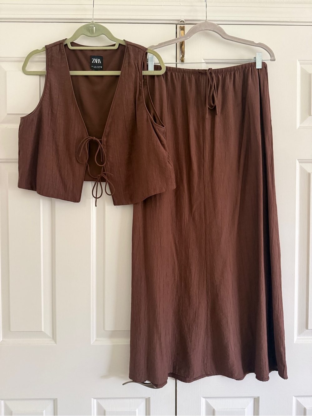 ZARA Brown Two-Piece Maxi Skirt Set with Tie-Front Vest
